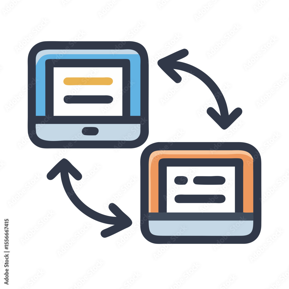 Poster data synchronization process illustrated by two electronic devices interconnected by arrows, depicti