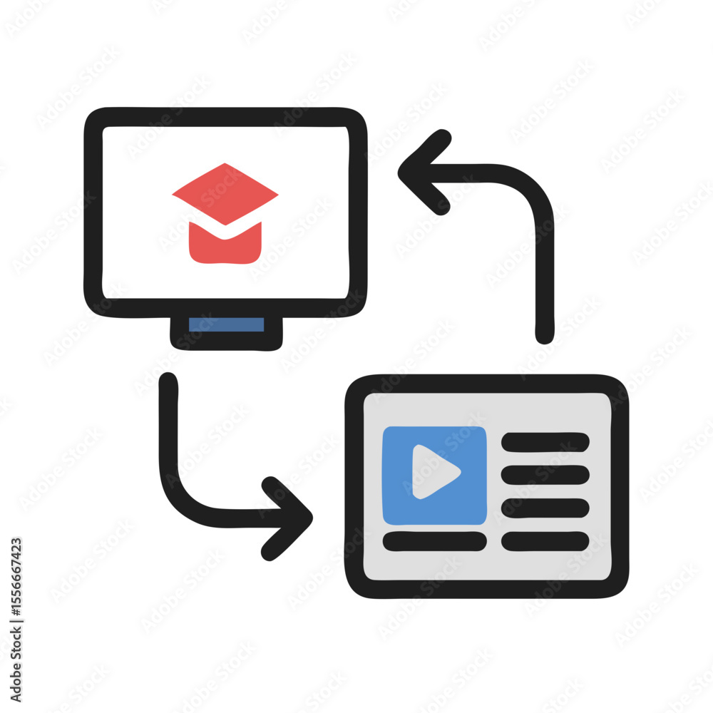 Poster online education platform workflow illustration: connected learning resources via digital network