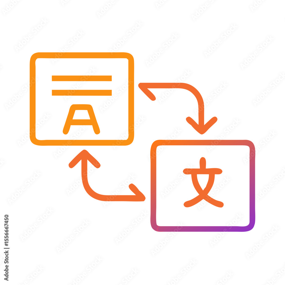 Poster translation process with squares showing two languages, linked by curved arrows, in gradient colors