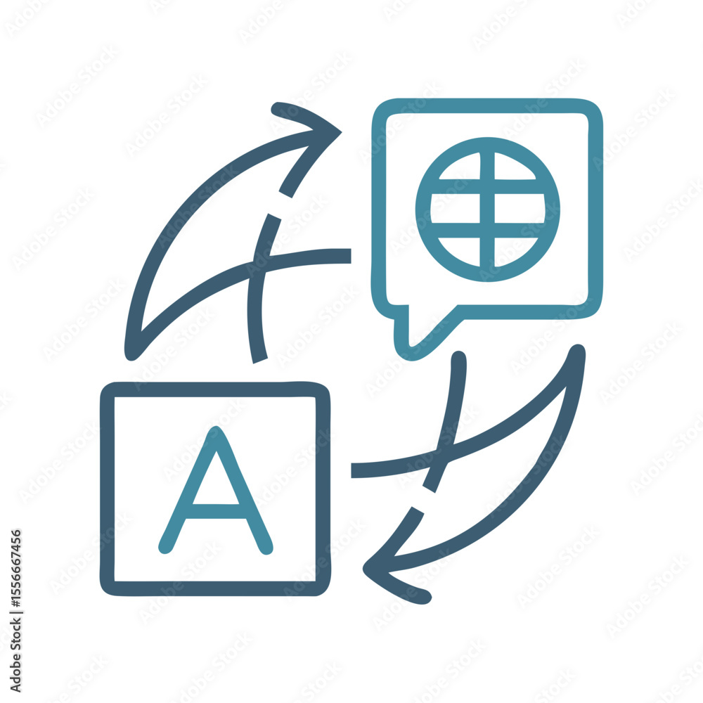 Poster language translation icon symbolizing global communication and understanding with arrows in teal ton