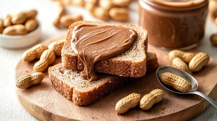 Peanut butter toast stack on wood board, peanuts around
