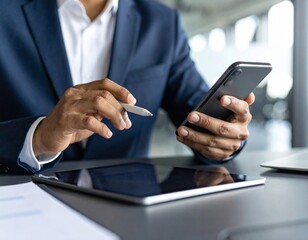 Businessman using stylus on tablet holding smartphone, representing multitasking, digital workflow, and smart office solutions. mobile management, e-signature, and business apps