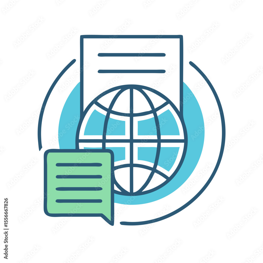 Poster global communication icon with document and message bubble, modern design on dark background