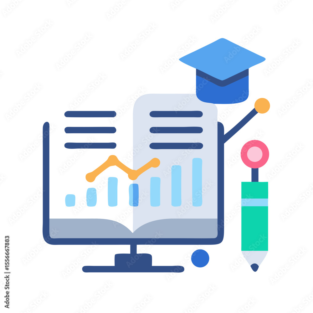 Aufkleber data-driven education: flat vector illustration of academic performance and statistics visualization