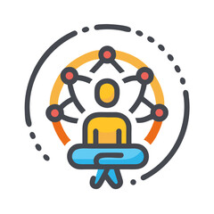 Abstract illustration of interconnectedness through technology with a figure meditating at the center