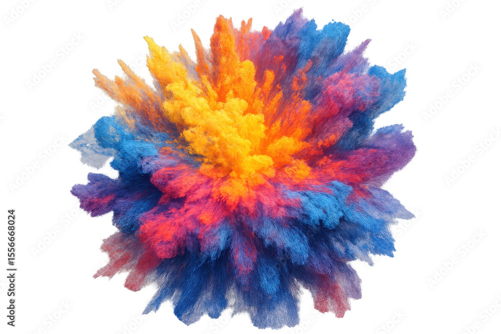 Poster multicolored powder exploding, creating a vibrant cloud with transparent background, perfect for cre