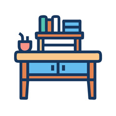 Stylized desk with books and plant pot, vector graphic office furniture on black backdrop