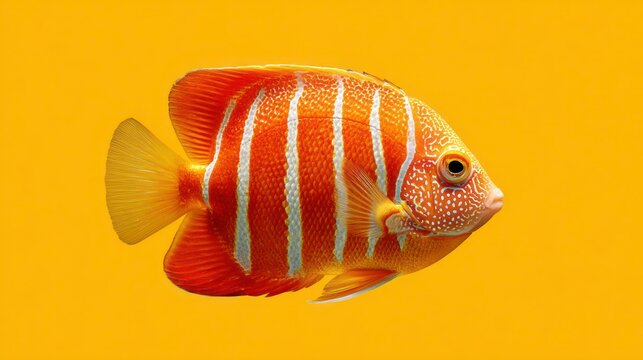 Vibrant orange and white striped tropical fish against yellow background