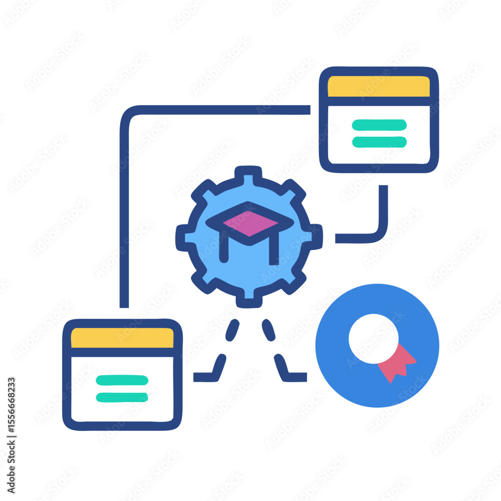 Poster database workflow management icon with connections to tables and resources in a flat style
