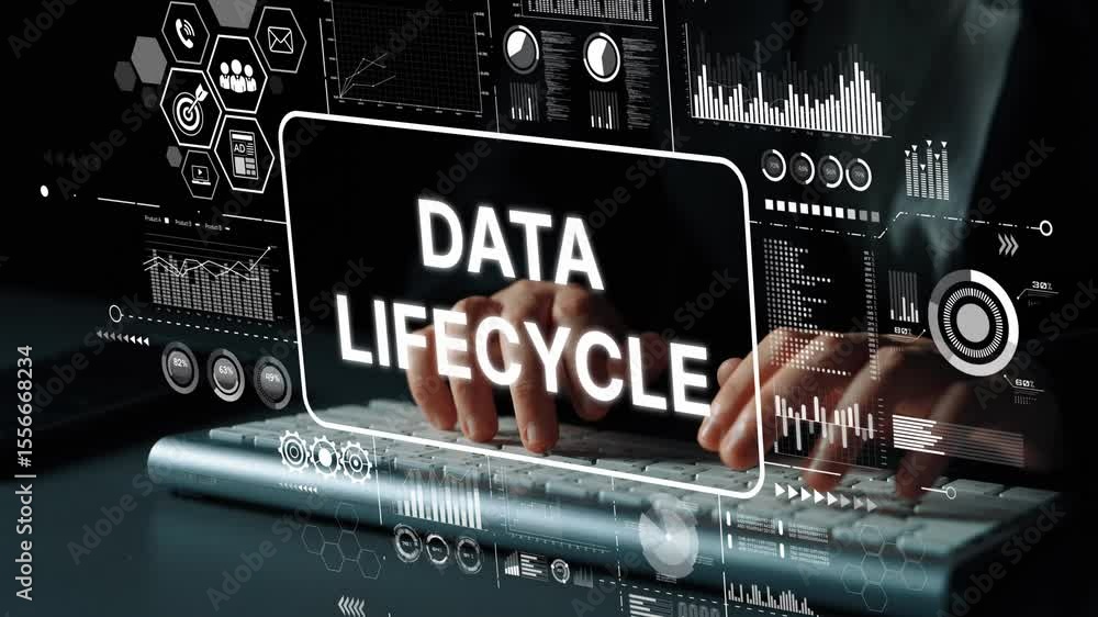 Poster data lifecycle management concept with digital graphics and keyboard in dark environment for tech an