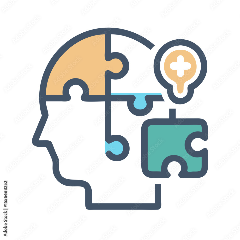 Poster solving problems and generating ideas: puzzle pieces forming a human head and a lightbulb