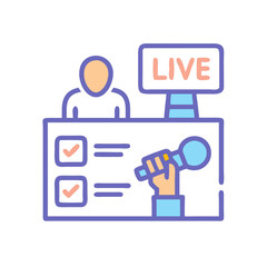 Broadcasting live event, person with microphone, checklist and 'Live' text on screen icon
