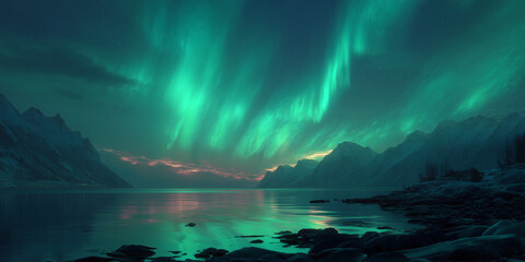 Aurora borealis in the night sky, magic landscape with lights