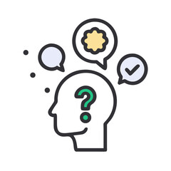 Conceptual design representing problem-solving and solutions with head silhouette, question mark and diverse thought bubbles