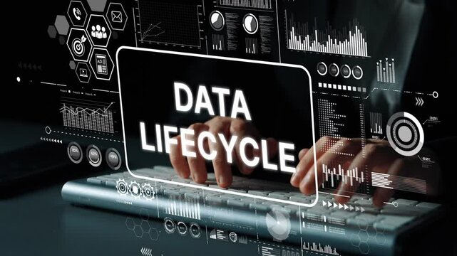 Data Lifecycle Management Concept with Digital Graphics and Keyboard in Dark Environment for Tech and Business Applications. Asymptotic smart data analytic.