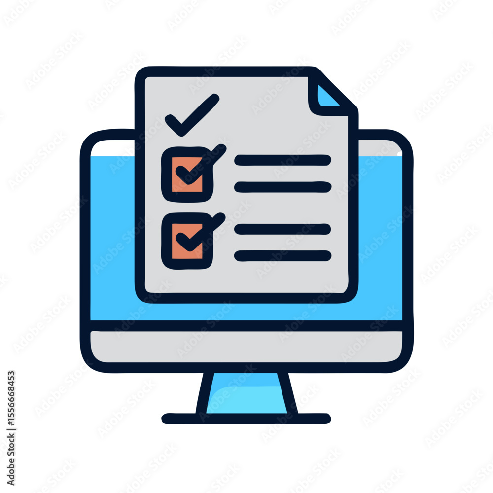 Poster digital checklist on computer screen: illustrating task management and productivity in vector art
