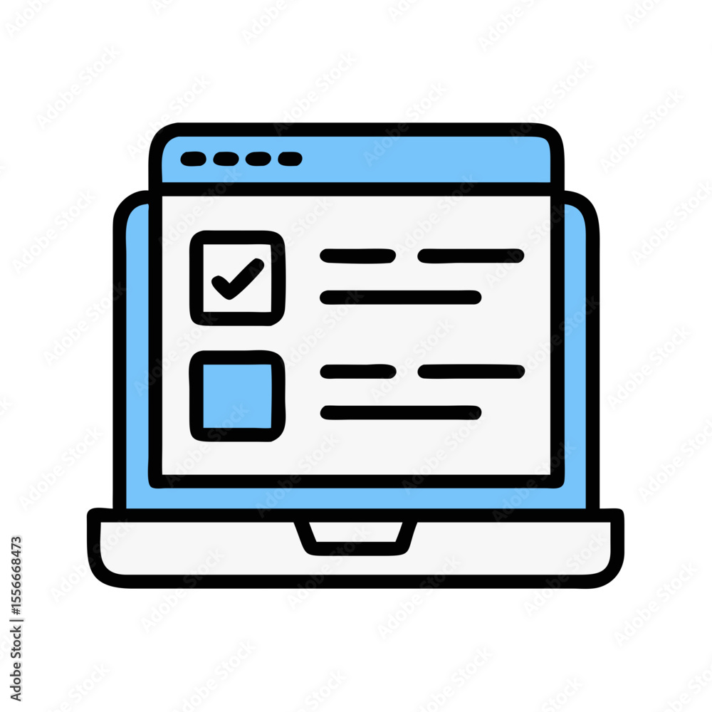 Poster online form submission on laptop interface with checkbox and list, flat graphic style
