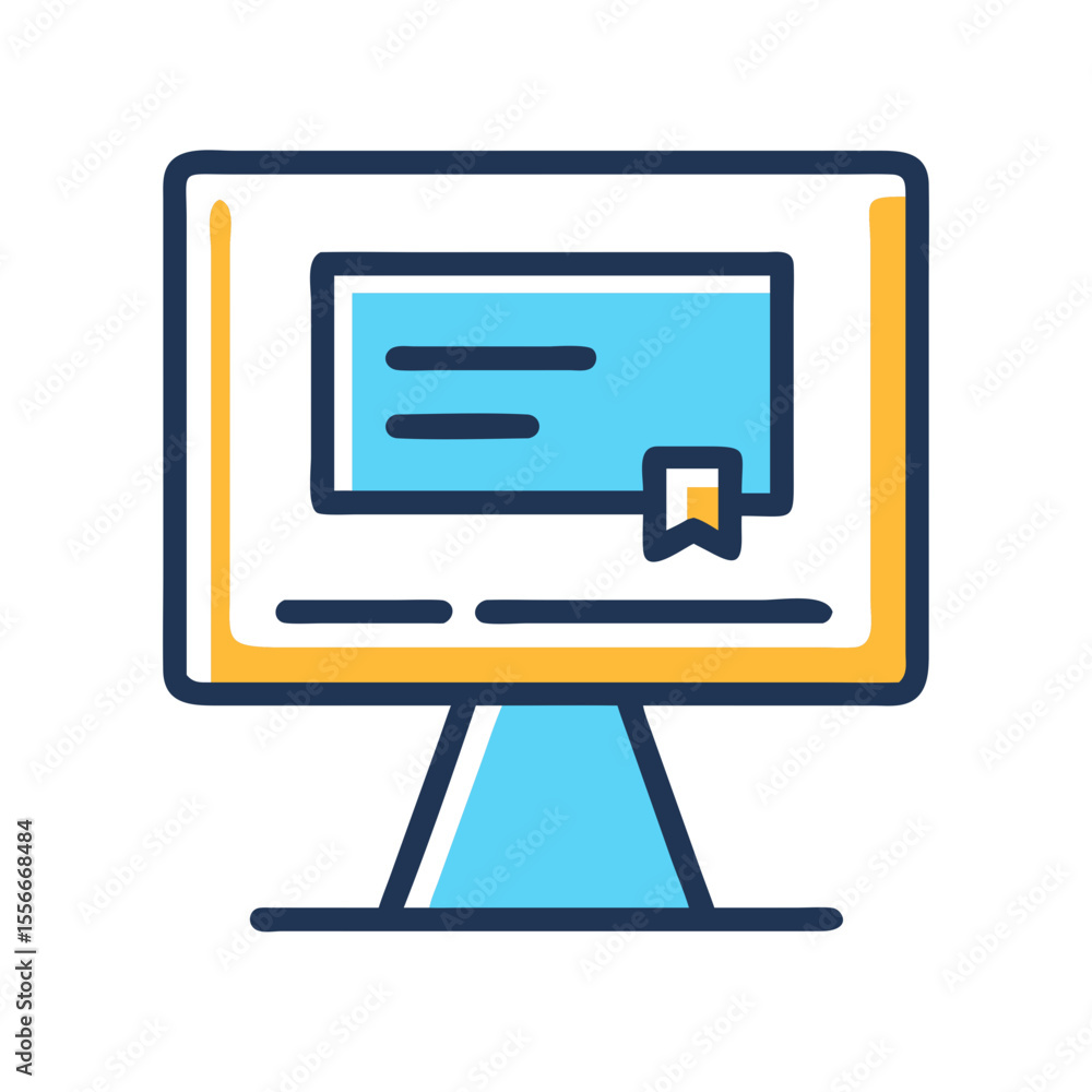 Poster desktop computer screen icon with document and bookmark symbolizing digital learning, vector graphic