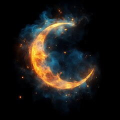Obraz premium Fiery crescent moon engulfed in smoky, starry nebula