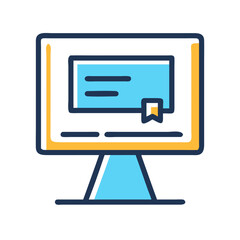 Desktop computer screen icon with document and bookmark symbolizing digital learning, vector graphic