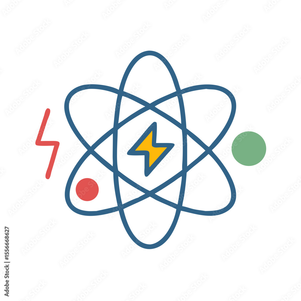 Poster modern graphic design of an atom with colorful elements on a black background