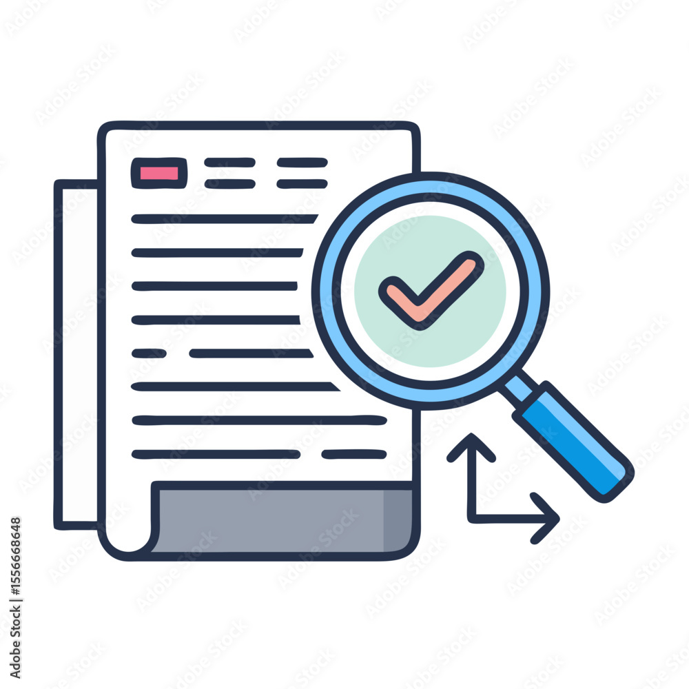 Poster document review and approval process with magnifying glass in vector illustration