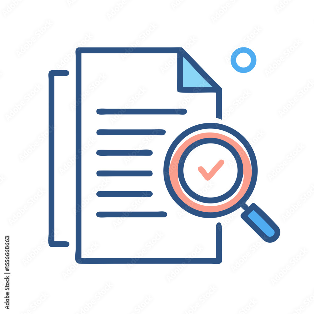 Poster document review with magnifying glass and checkmark icon, verification and confirmation