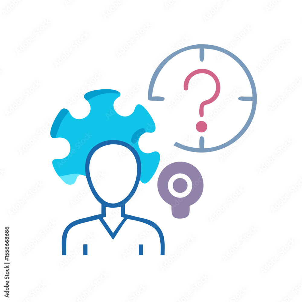 Poster problem-solving avatar with gear head, searchlight icon and question mark in target symbol.