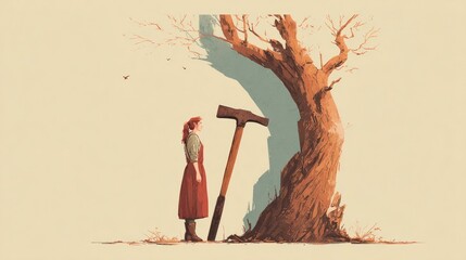Woman and tree with hammer illustration