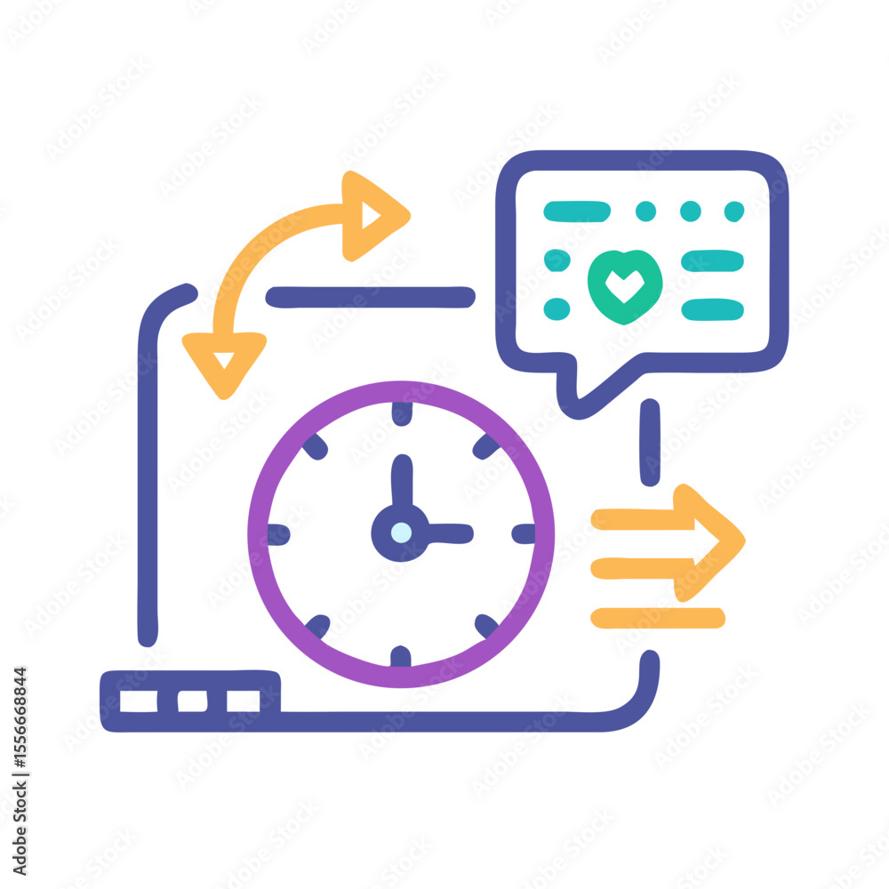 Aufkleber clock with arrows and messaging flat illustration representing time management for customer relation
