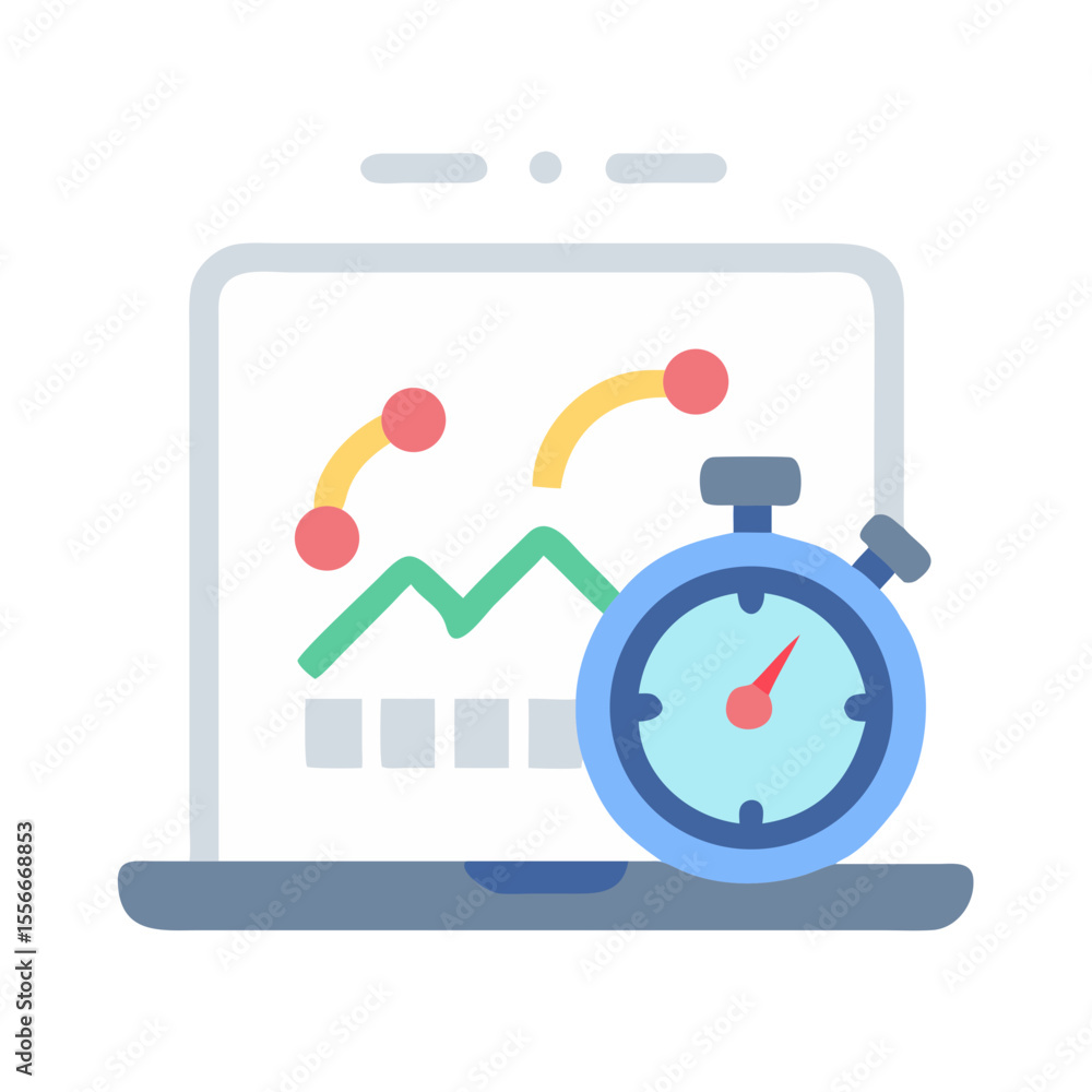 Poster laptop displaying a growth graph with a stopwatch, symbolizing performance monitoring and time manag