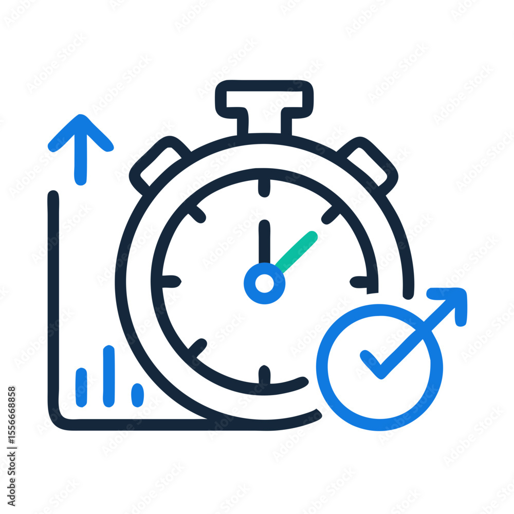 Poster icon illustrating project completion time with a stopwatch and upward trending graphs, demonstrating