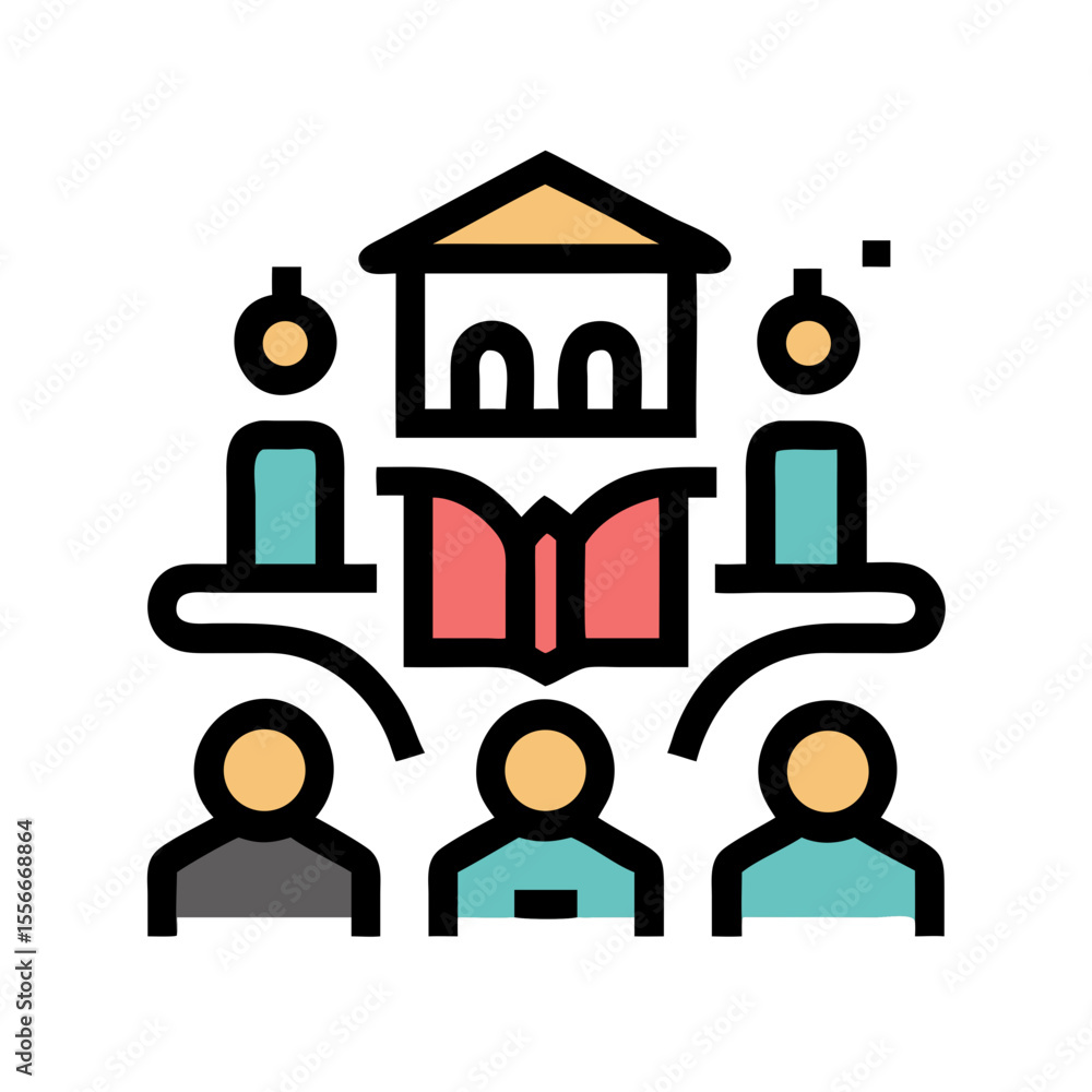 Poster flat icon style illustration of organizational structure with team members and reporting hierarchy