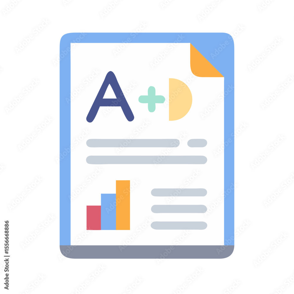 Poster stylized report sheet with statistics and grade displayed on a file icon
