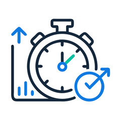 Icon illustrating project completion time with a stopwatch and upward trending graphs, demonstrating efficiency
