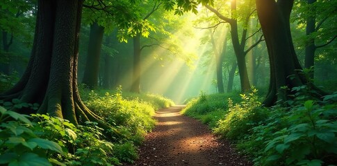 Magical Sunlit Forest Path Winding Trail Through Lush Greenery, Perfect for Fantasy, Nature, and Adventure Projects
