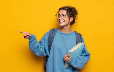 A happy young woman wearing a blue sweatshirt and yellow pants, with glasses and short, curly brown hair, is standing against a wall and smiling while pointing to her right side. 