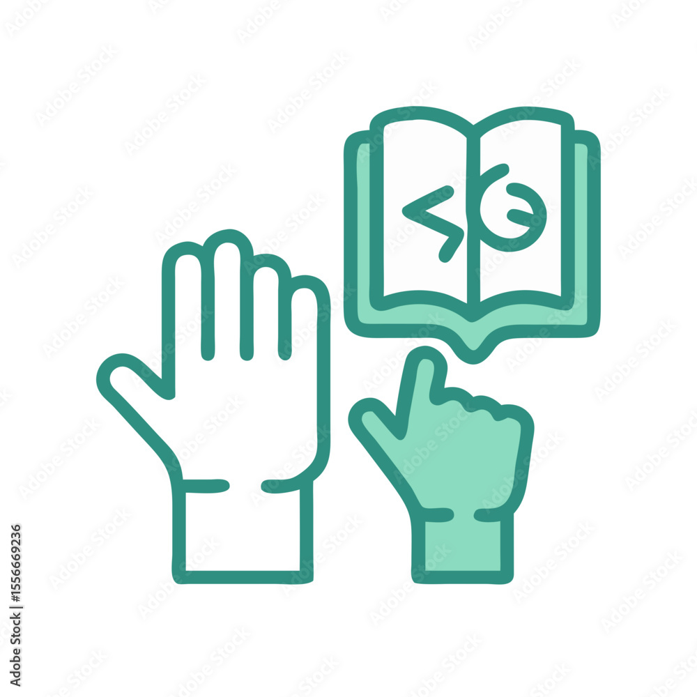 Aufkleber hands pointing to open book icon in flat design style on black background