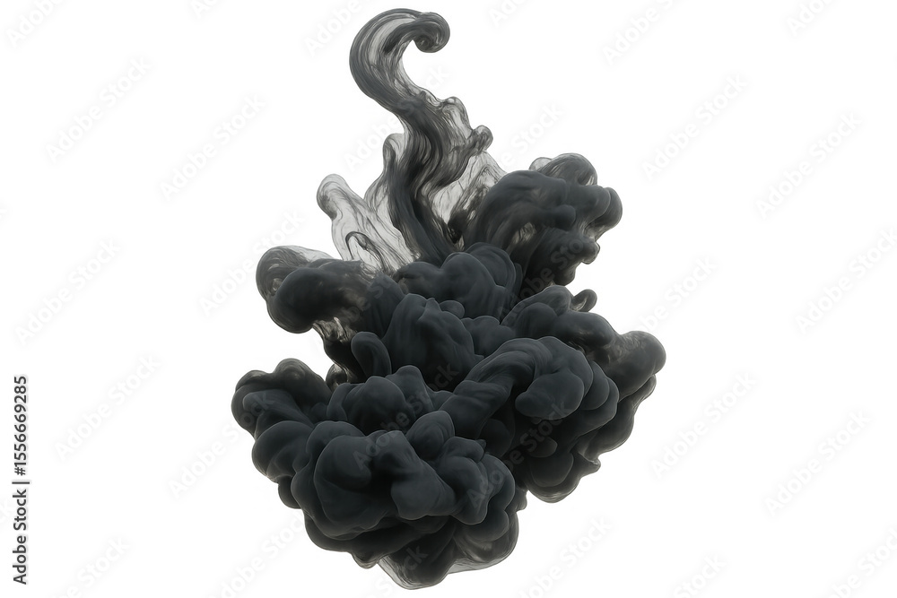 Poster black ink cloud swirling in clear water, creating abstract formations on transparent background, ide