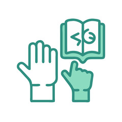 Hands Pointing to Open Book Icon in Flat Design Style on Black Background