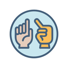 Illustrated communication icon depicting two hands, indicating direction or instruction in a light blue circle