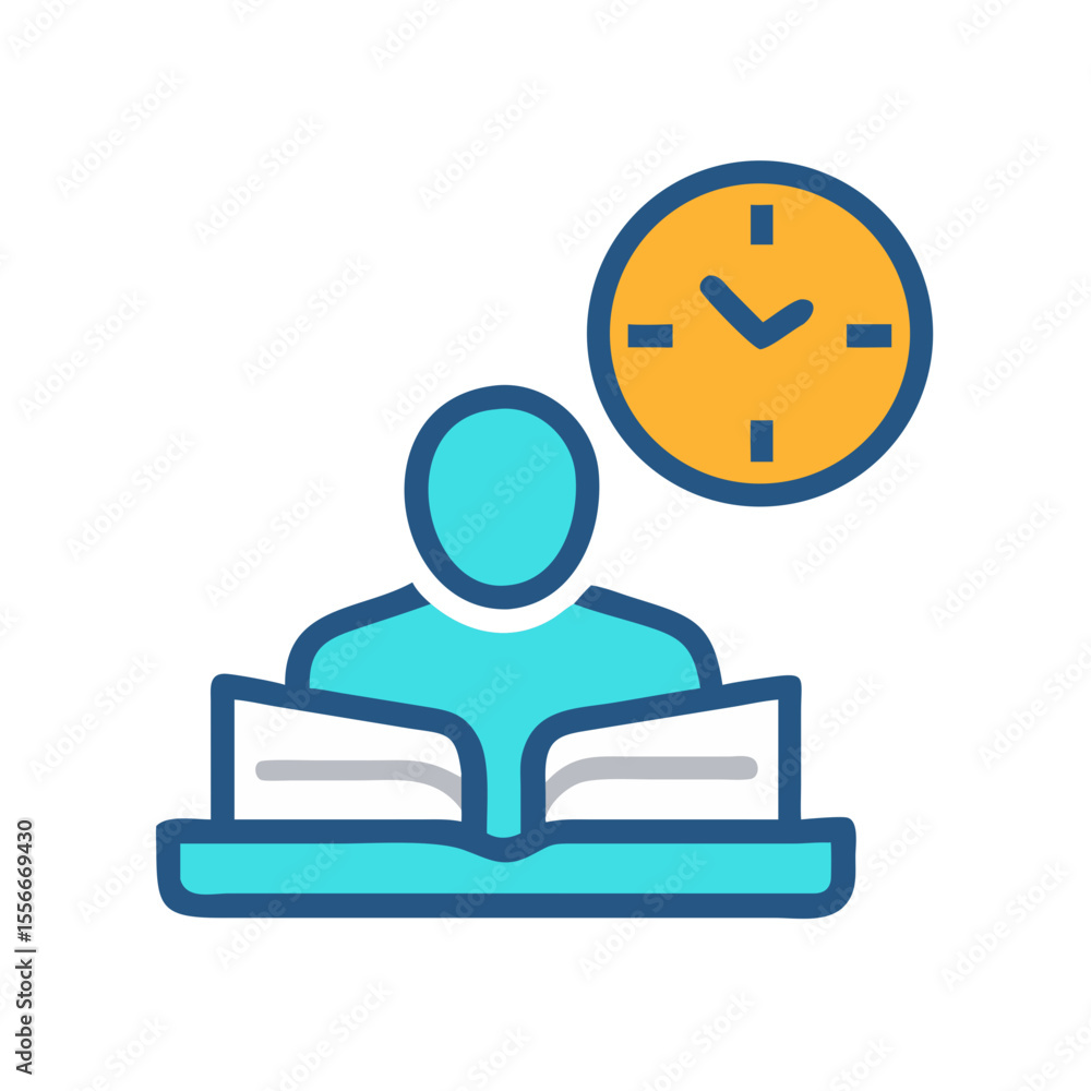 Poster time management for study represented by a student reading a book with a clock behind