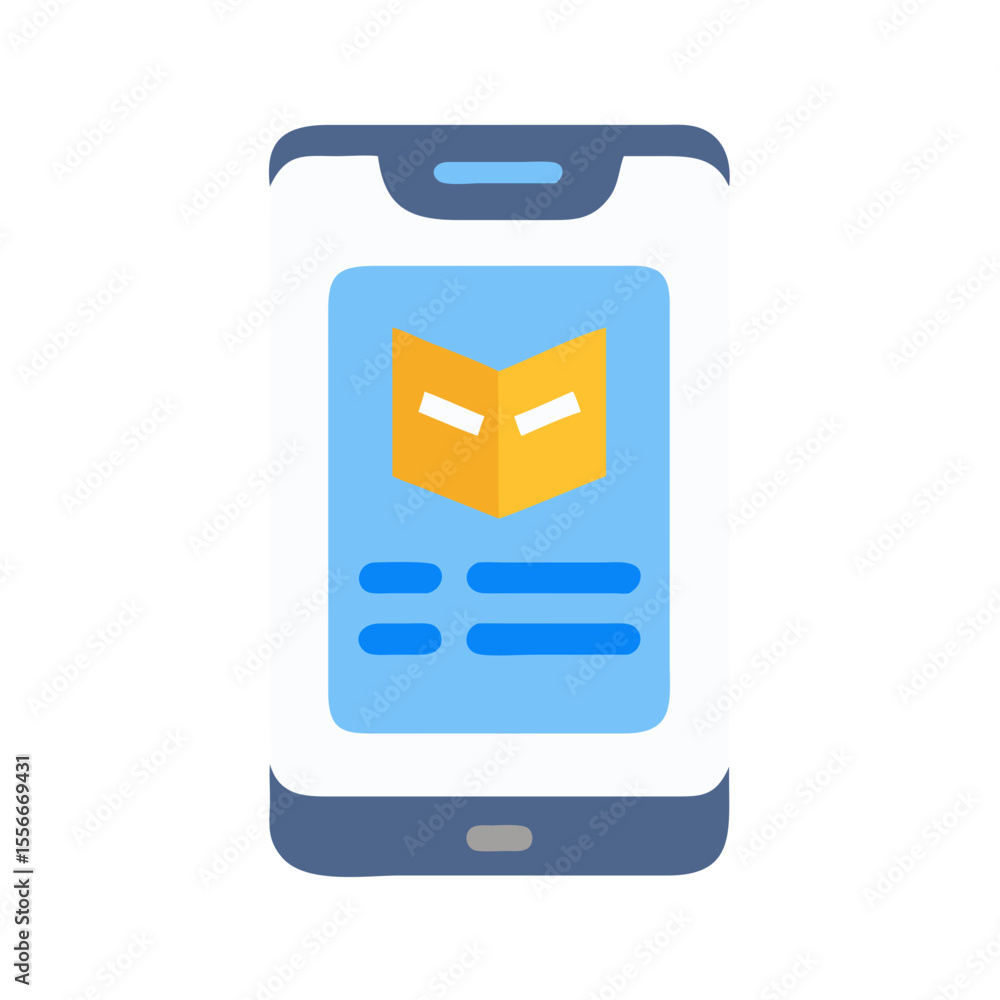 Poster mobile learning app: digital device displaying education icon and content in a flat style