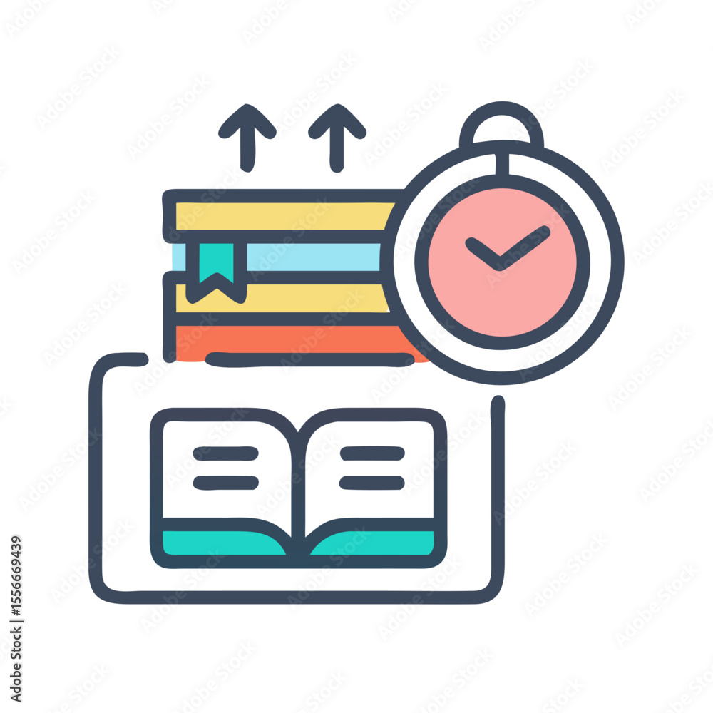 Aufkleber time management and efficient studying with books and a stopwatch icon design concept