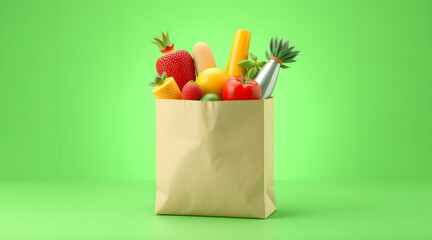 paper bag with groceries in the light green background.