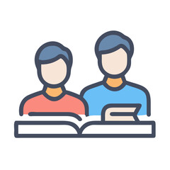 Two Students Reading Together - Simple Graphic Design with Bold Outlines