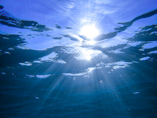 Dark blue ocean surface seen from underwater. Abstract waves underwater and rays of sunlight...