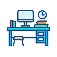 Stylized office desk with computer, books and clock on a solid dark background