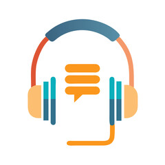 Stylized vector graphic of headphones with speech bubbles, customer support theme on a black background