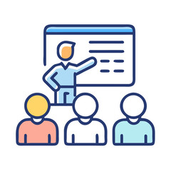 Training session with a presenter and audience, flat illustration on black background